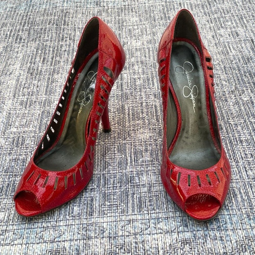 Jessica Simpson Women Heel Red Leather Upper Shoes Open Toe Pump Size 37 6.5US - Picture 5 of 11